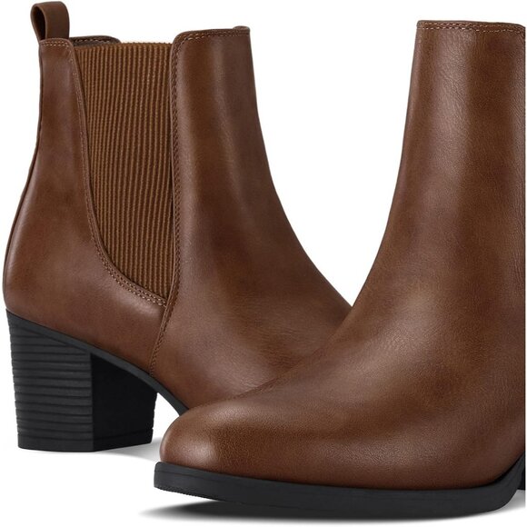 Women's Brown PU Chelsea Boots Chunky Block Heel Slip On Ankle Boot with Elastic - Picture 8 of 8